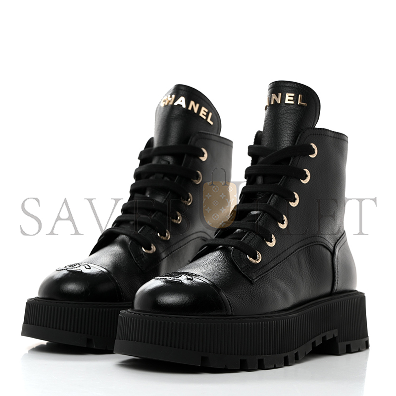 Ch*el grained calfskin shiny calfskin cc lace up combat boots 1437689